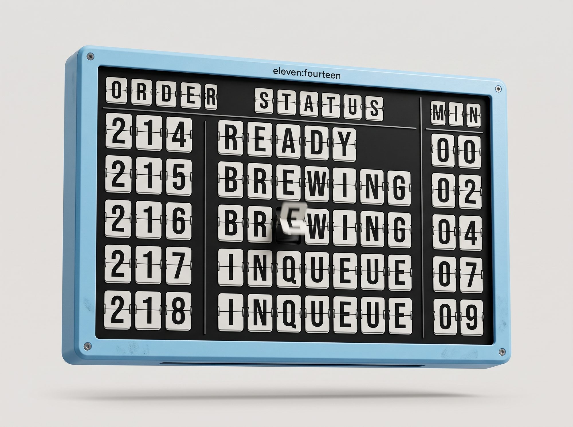 the split-flap order board in a sky-blue frame: order numbers, statuses reading ready, brewing and in queue, and minutes remaining