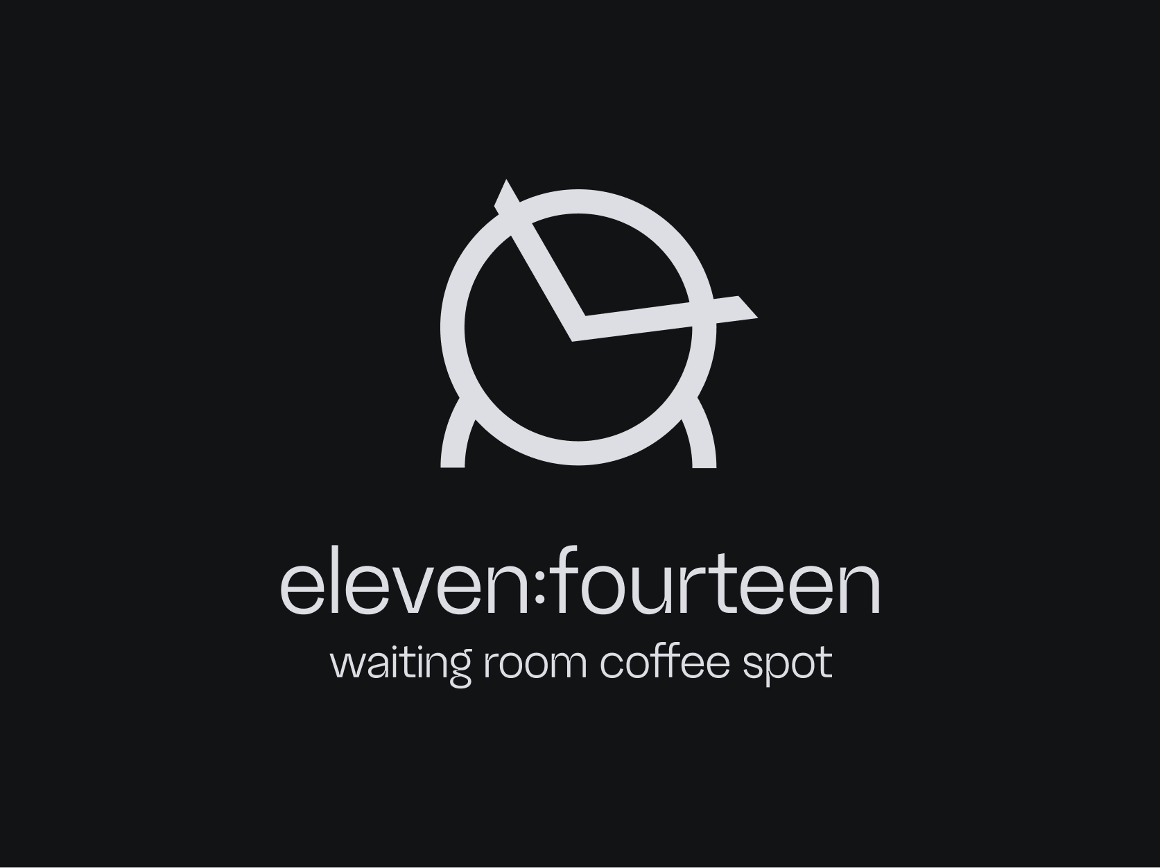 the eleven:fourteen mark — a clock face and a bench drawn as one line — with the wordmark, on a near-black ground