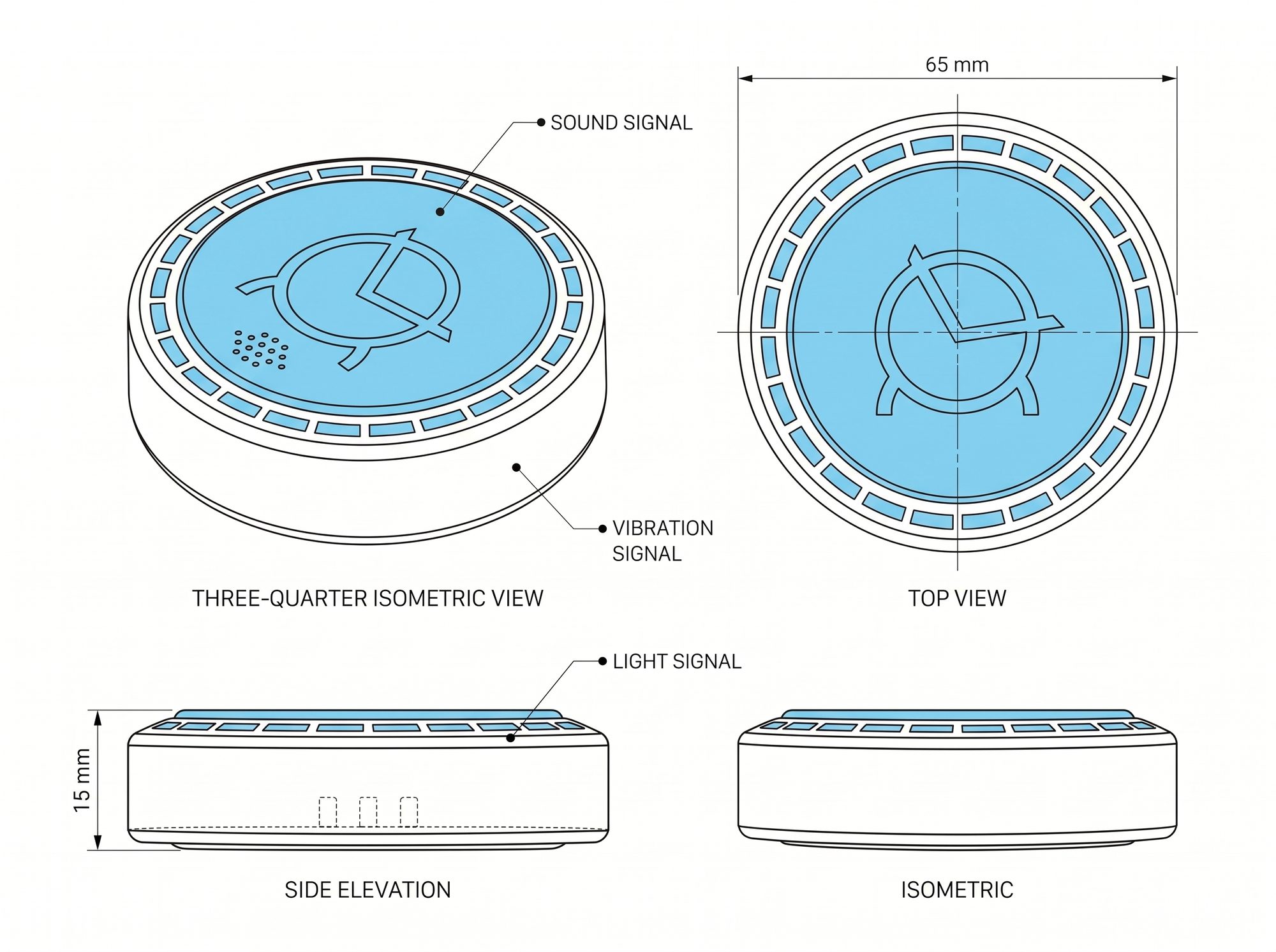 technical drawing of the reminder puck in four views — 65 mm across, 15 mm tall — with sound, vibration and light signals called out
