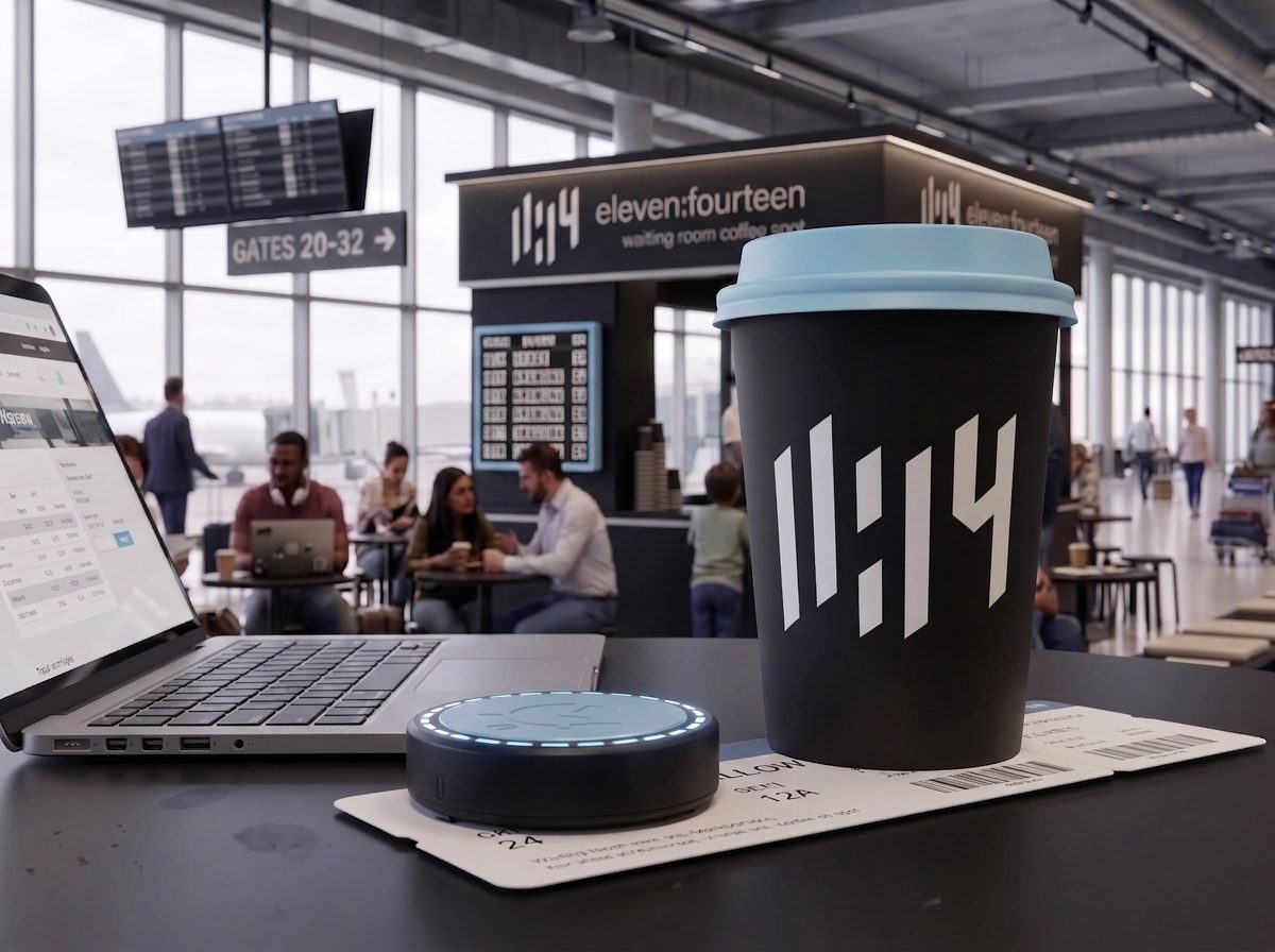a traveller's table at the island: open laptop, the branded cup, a boarding pass and the reminder puck lit, the kiosk and order board behind