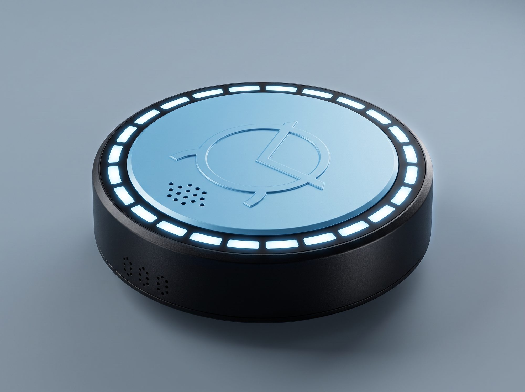 product render of the reminder puck: matte black body, sky-blue cap with the mark embossed, the light ring lit
