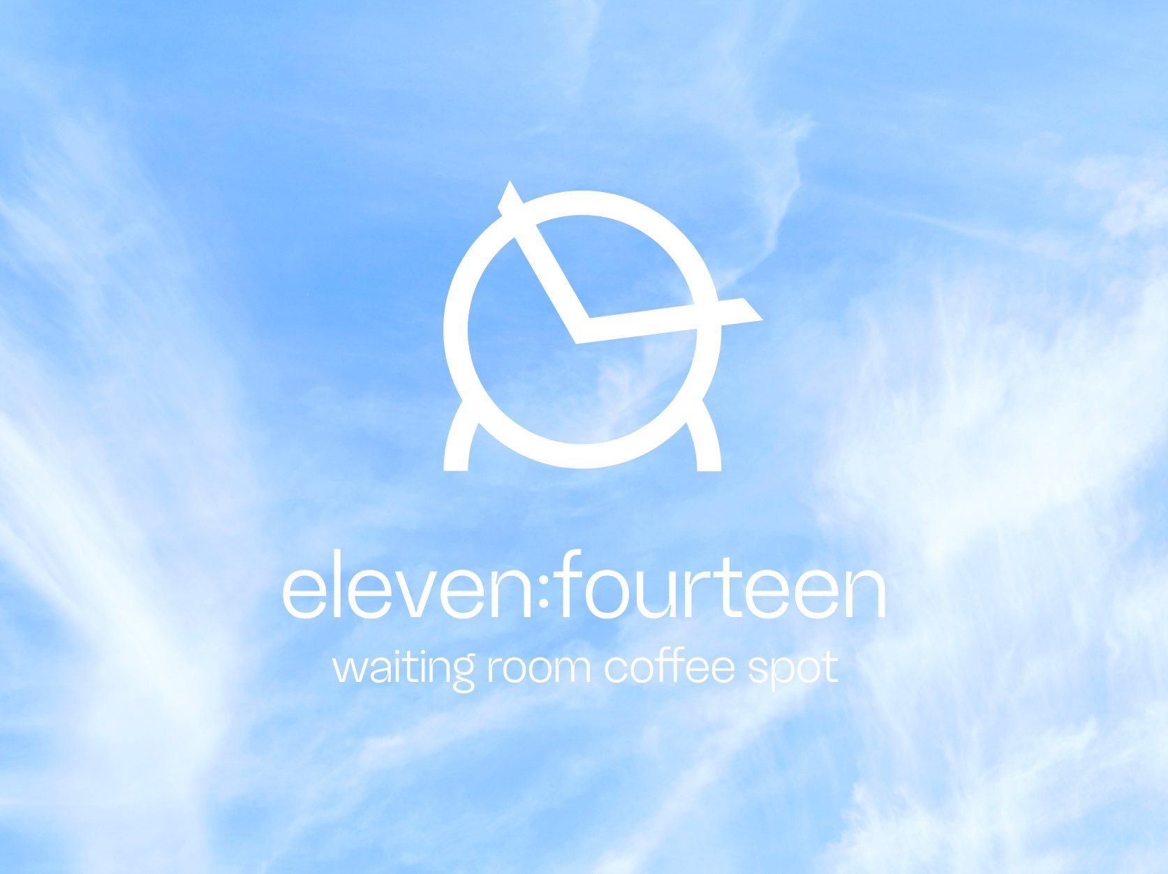 the eleven:fourteen cover — the clock-and-bench mark and wordmark in white on a bright sky