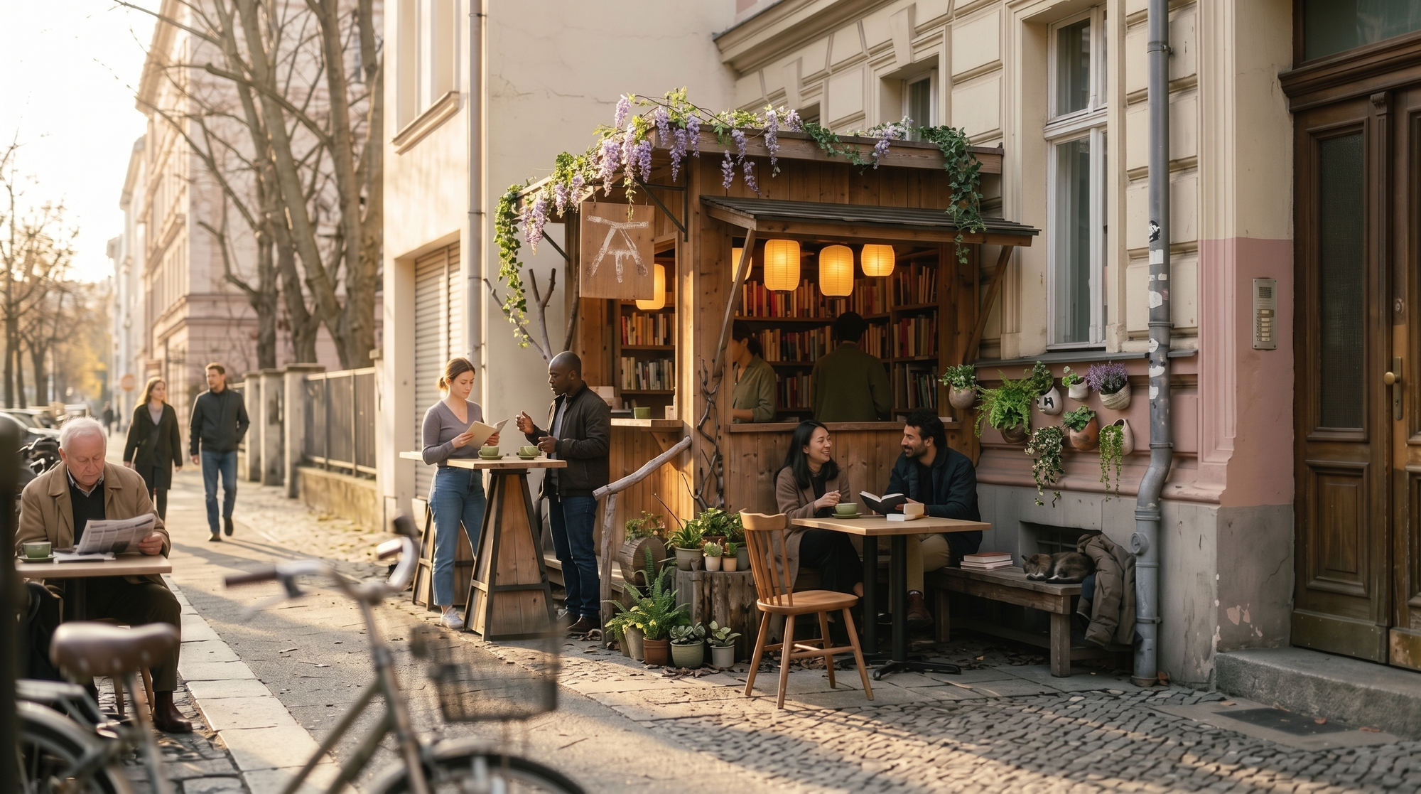 the akari kiosk on an old european street corner in late afternoon sun — a timber hut with lit paper lanterns under a deep eave, standing tables with black metal legs, people reading and talking, a plastered tenement facade behind, cobbles and a bicycle in the foreground