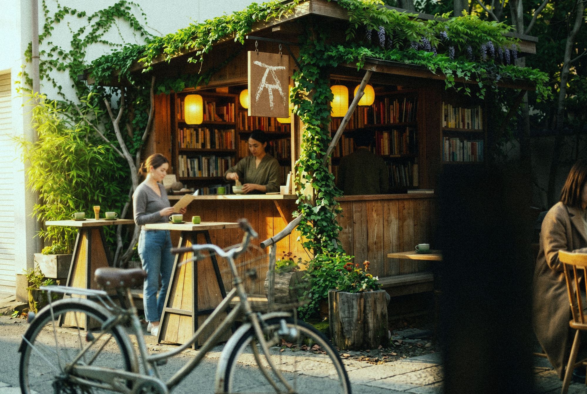 the akari kiosk on a street corner at dusk — a timber counter under a deep eave, lanterns lit inside, book shelves along the back wall, a standing table and a bicycle in the foreground