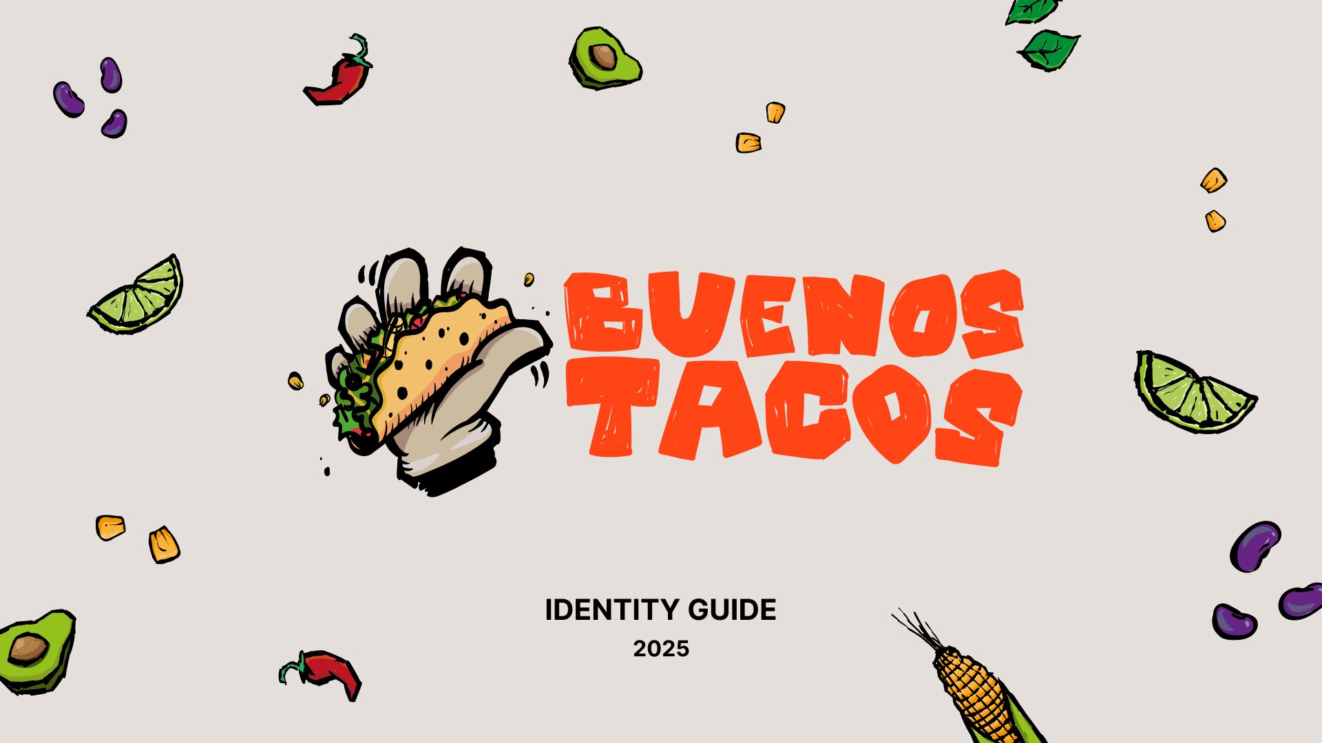 logotyp buenos tacos obok rysowanego taco trzymanego w dłoni, na ciepłoszarym tle z papryczkami, limonkami i awokado