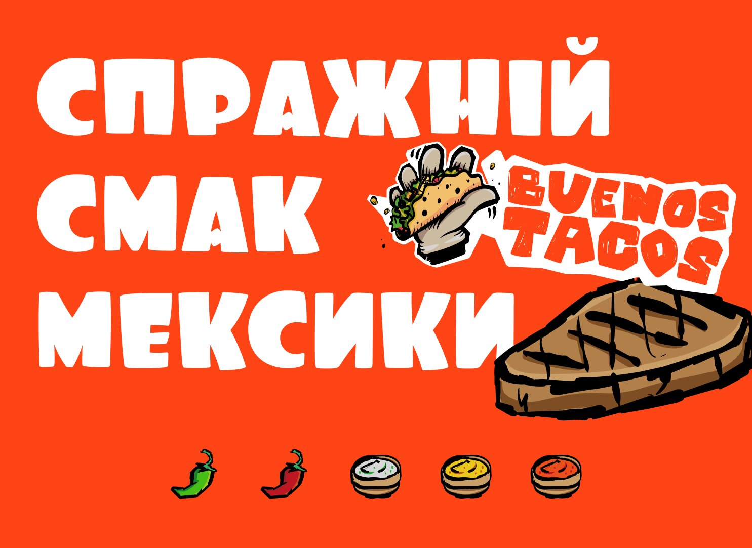 plansza marki na czerwieni chilli z ukraińskim hasłem znaczącym prawdziwy smak meksyku i rysowanym stekiem