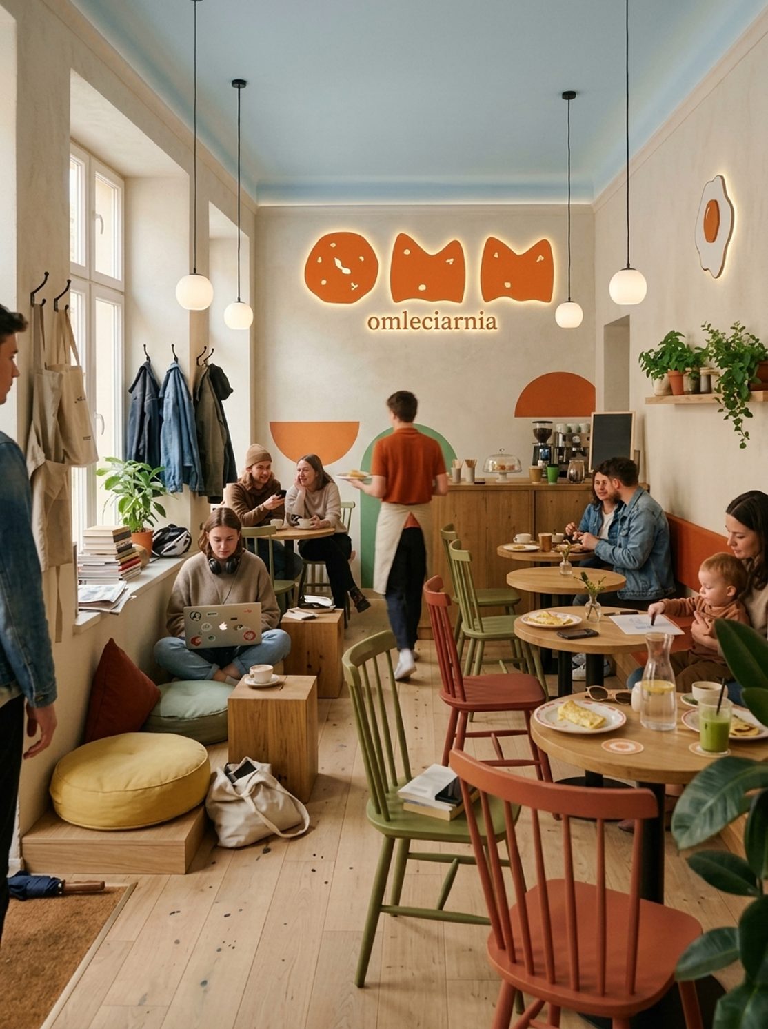 the omm interior — floor cushions, coloured chairs, a herb shelf and the melting egg clock