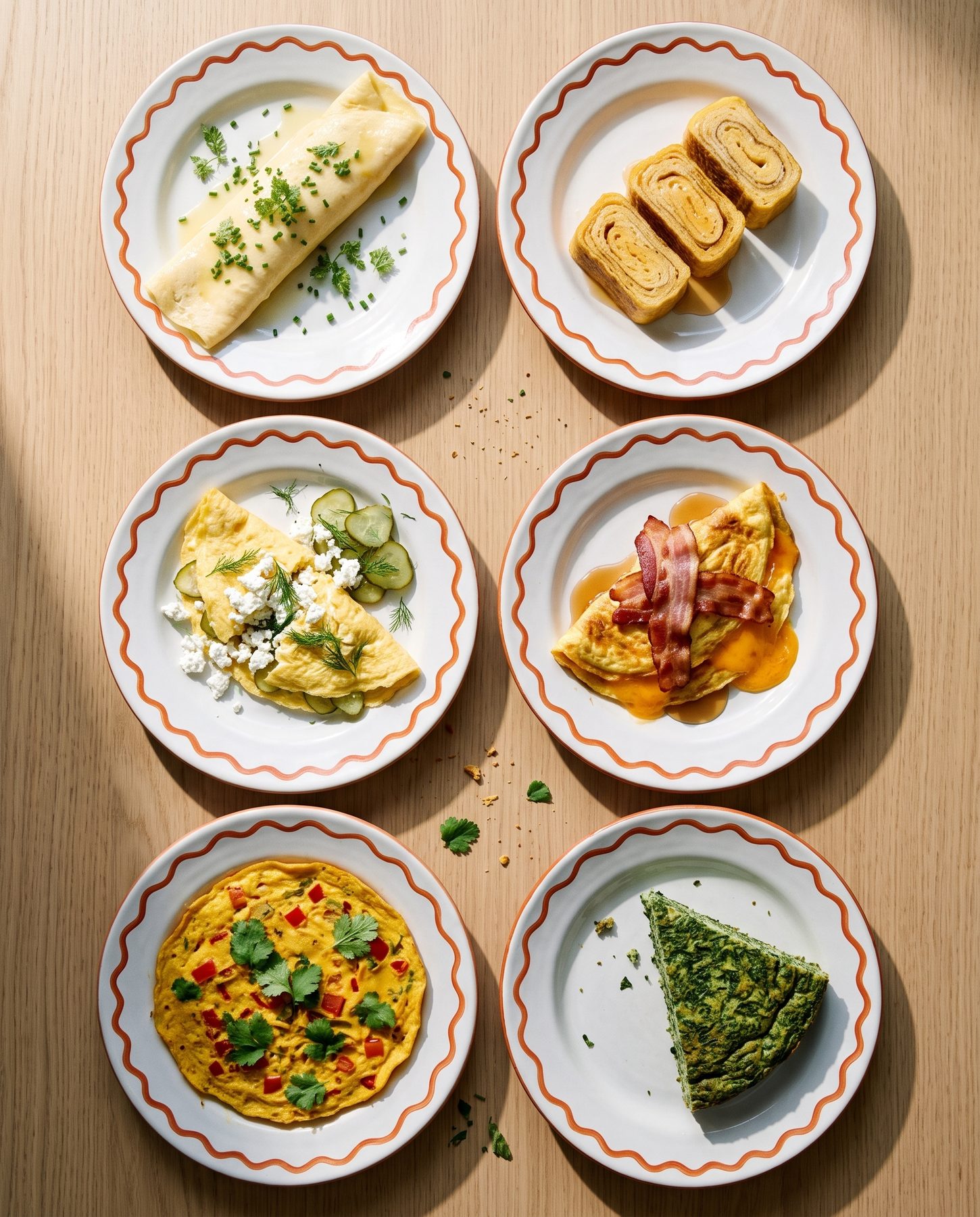 six omelettes from different cuisines, each on a plate with a wavy orange rim