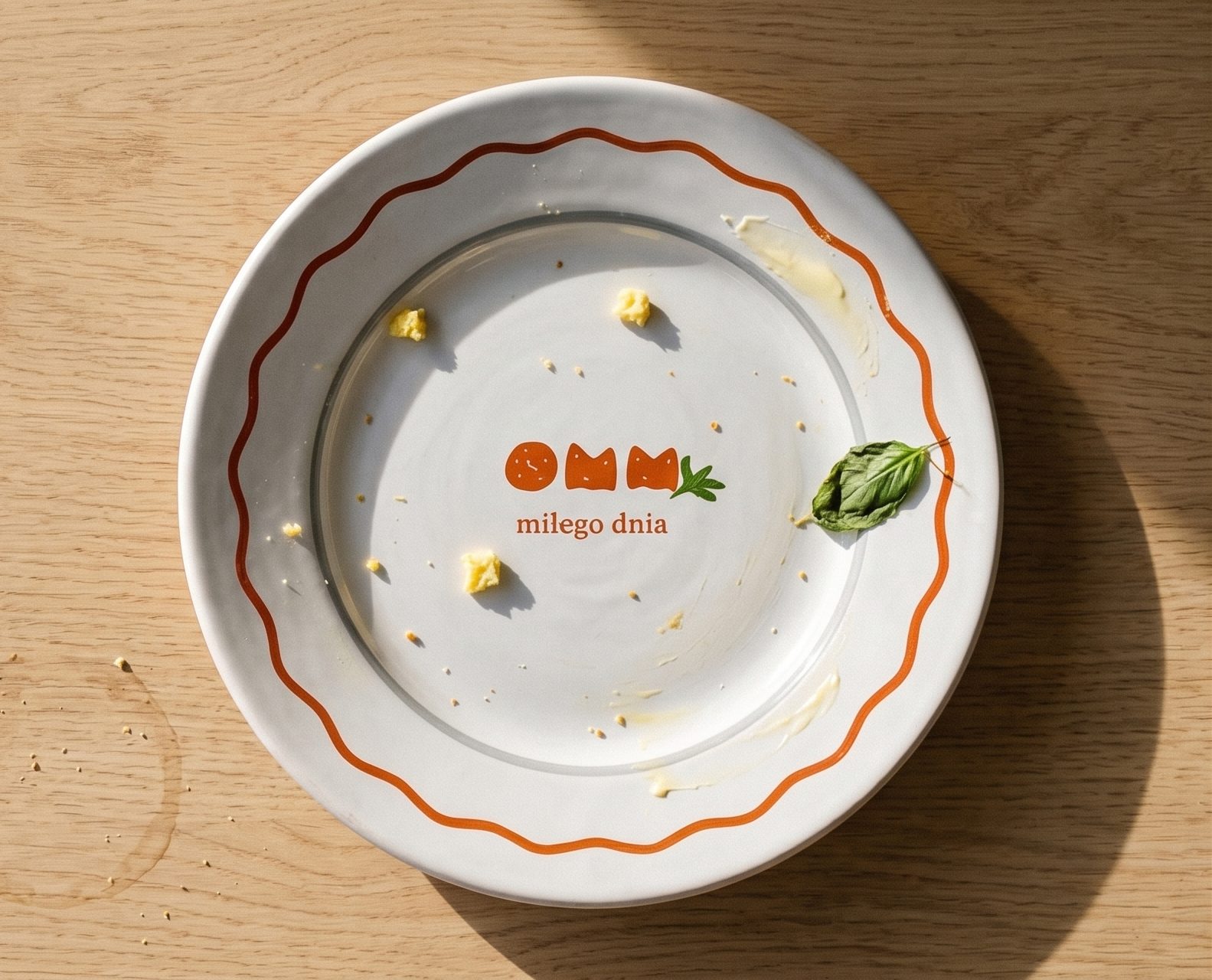 a finished plate with the omm mark and the words milego dnia revealed at its centre