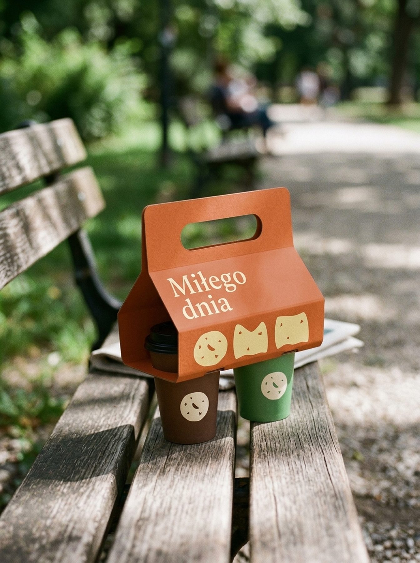 a takeaway cup holder reading milego dnia, left on a park bench