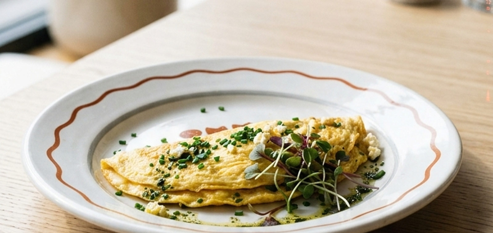 an omelette served on a plate with a wavy orange rim, scattered with chives and micro herbs